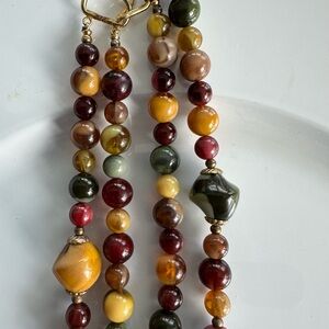 Double Strand Beaded Necklace, Burgundy, Gold, Green Beads